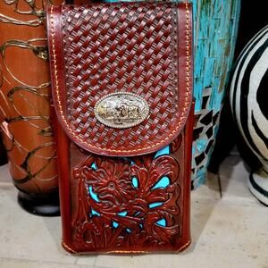 Praying Cowboy Western Phone Holster basketweave floral for XL size brown  teal